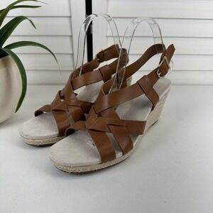 Cole Haan Grand 360 Crystal Espadrille Wedge Sandals Brown Leather Shoes Size 8B